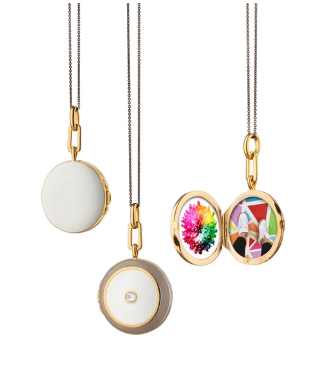 Monica Rich Kosann White and Grey Enamel Locket with Sapphire